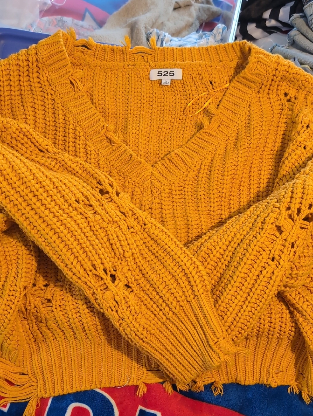 525 America Chunky Distressed V-Neck Sweater in Mustard